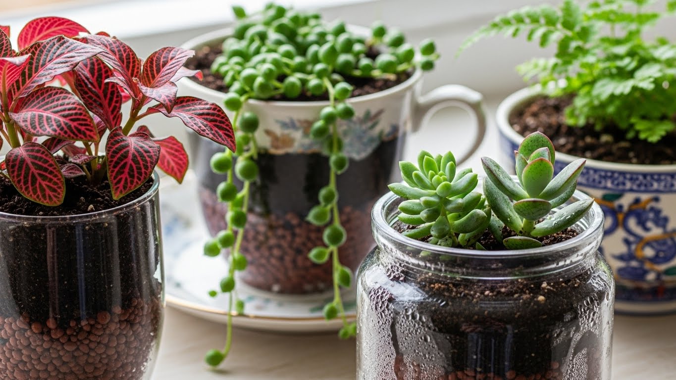 Indoor plants in glass jars and teacups without drainage