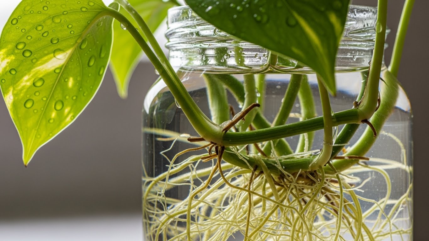 Pothos plant growing in a jar of water with visible root system