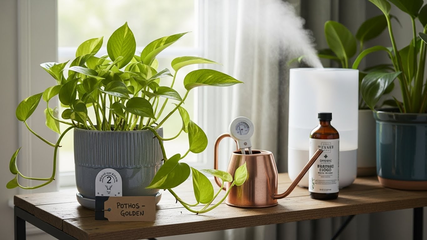 Healthy Pothos plant in a pot with watering can and plant care supplies