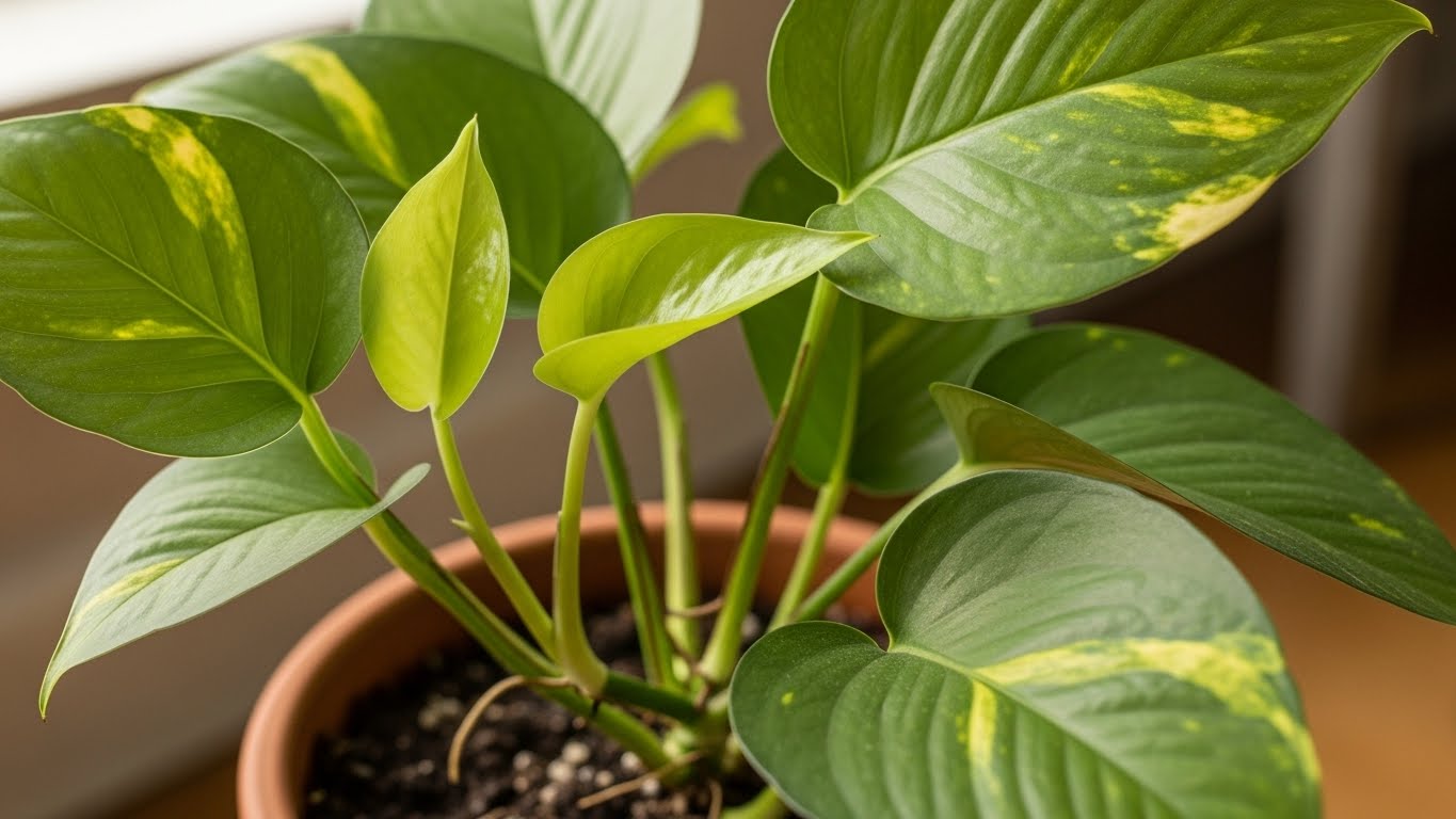 Healthy pothos plant in a terracotta pot showcasing vibrant green leaves.