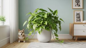 Pothos plant in living room with dog, highlighting toxicity concerns for pets and kids