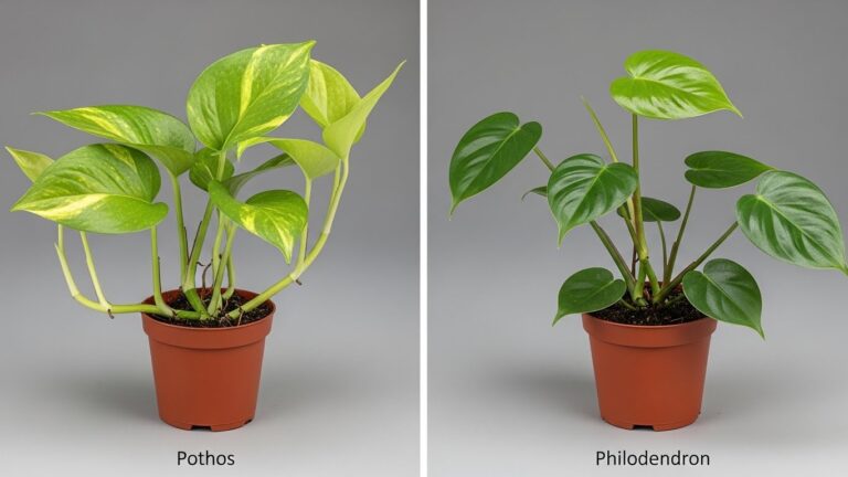 Side-by-side comparison of Pothos and Philodendron plants in pots