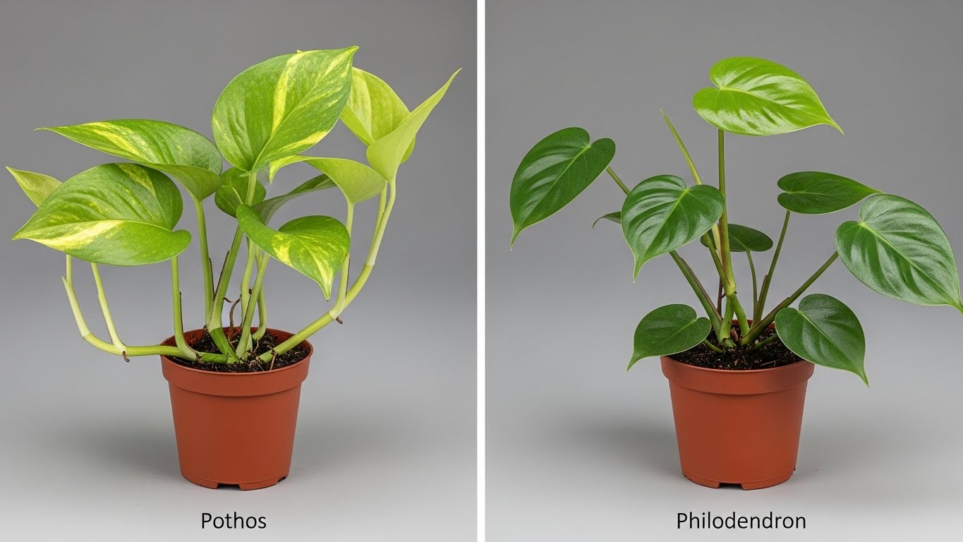 Side-by-side comparison of Pothos and Philodendron plants in pots