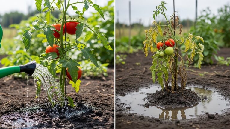 Healthy and unhealthy tomato plants illustrating drainage and potting in soil.
