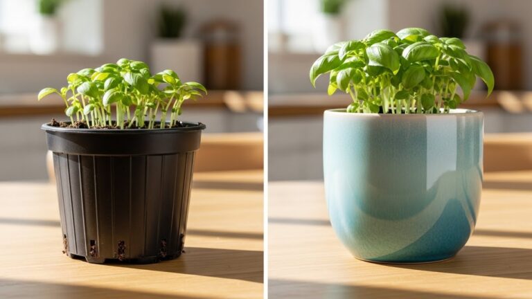 Comparison of a black plastic pot and a blue ceramic planter with basil plants.