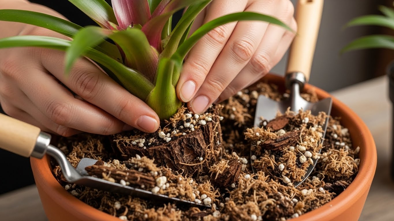 Person potting bromeliads with soil mix and drainage tools for healthy growth.
