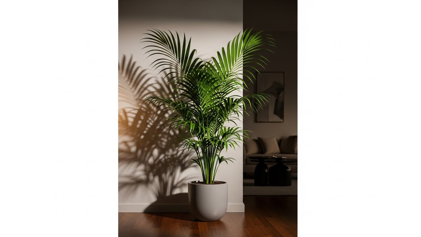 Healthy green parlor palm with vibrant leaves indoors