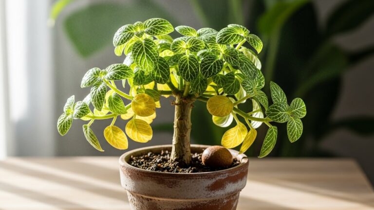 Vibrant Fittonia plant with yellowing leaves indicating leggy growth