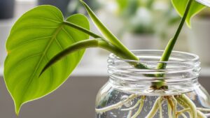 Philodendron cutting in glass jar with roots in water, bright green leaf visible