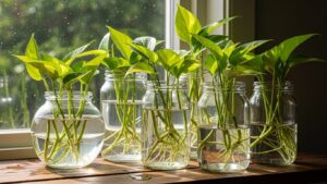 Pothos cuttings in jars of water for propagation near a sunny window
