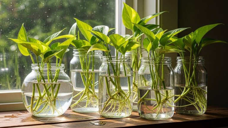 Pothos cuttings in jars of water for propagation near a sunny window
