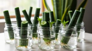 Snake plant leaf cuttings in jars of water showing root growth