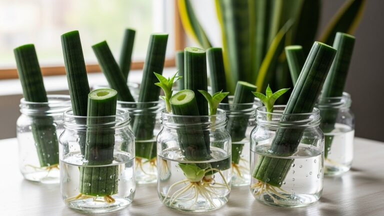Snake plant leaf cuttings in jars of water showing root growth
