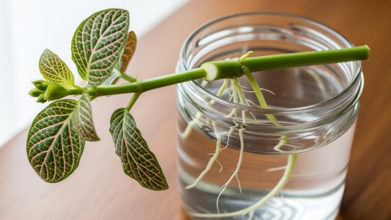 Fittonia cutting rooting in water jar, showing healthy growth.