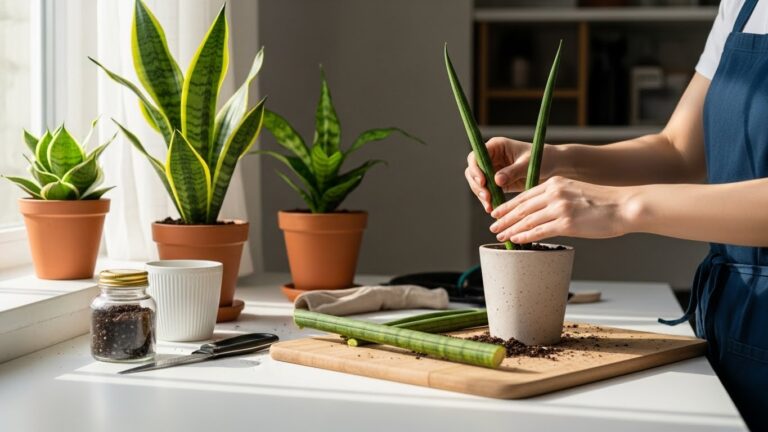 Woman propagating snake plant cuttings in a pot with multiple snake plants in background