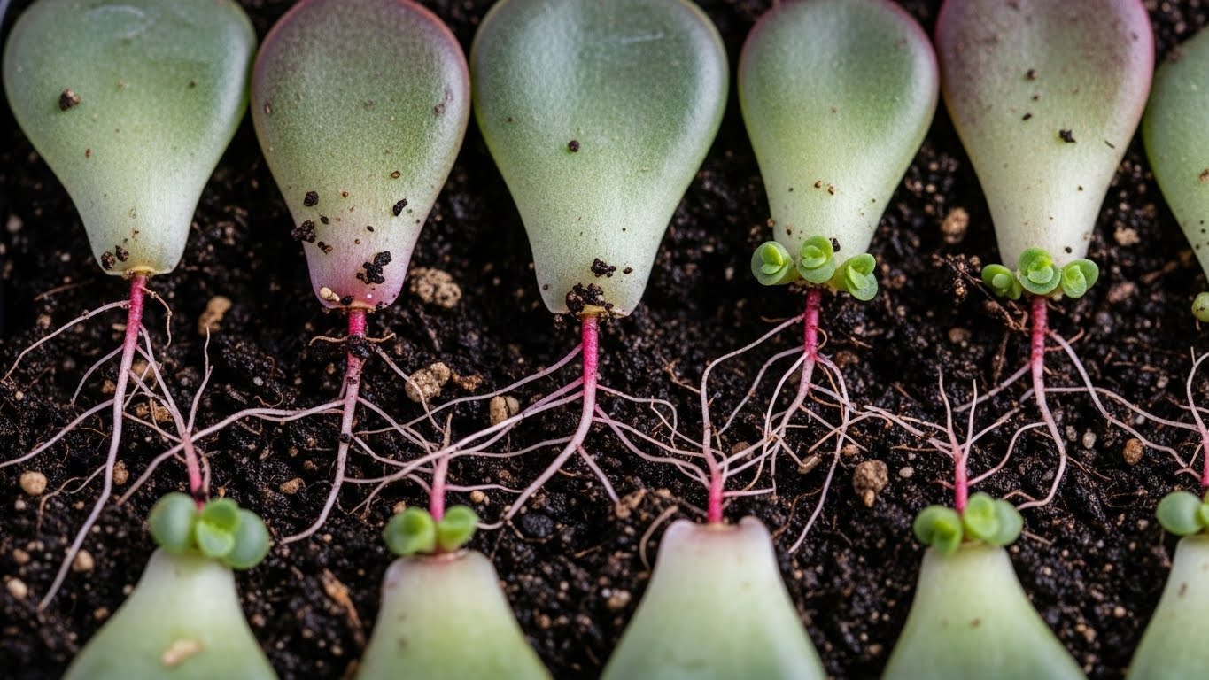 Succulent leaf cuttings with roots propagating in soil for plant growth.