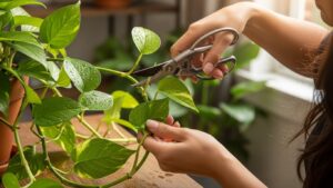 Pruning pothos plant for bushier growth with garden shears indoors
