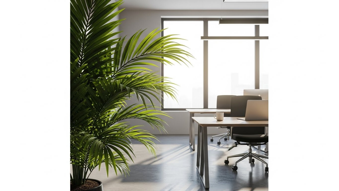 Healthy Areca Palm beside office window demonstrating optimal pruning
