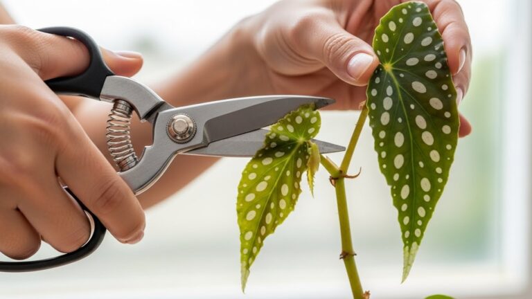 Person pruning a begonia plant with gardening shears for optimal growth.
