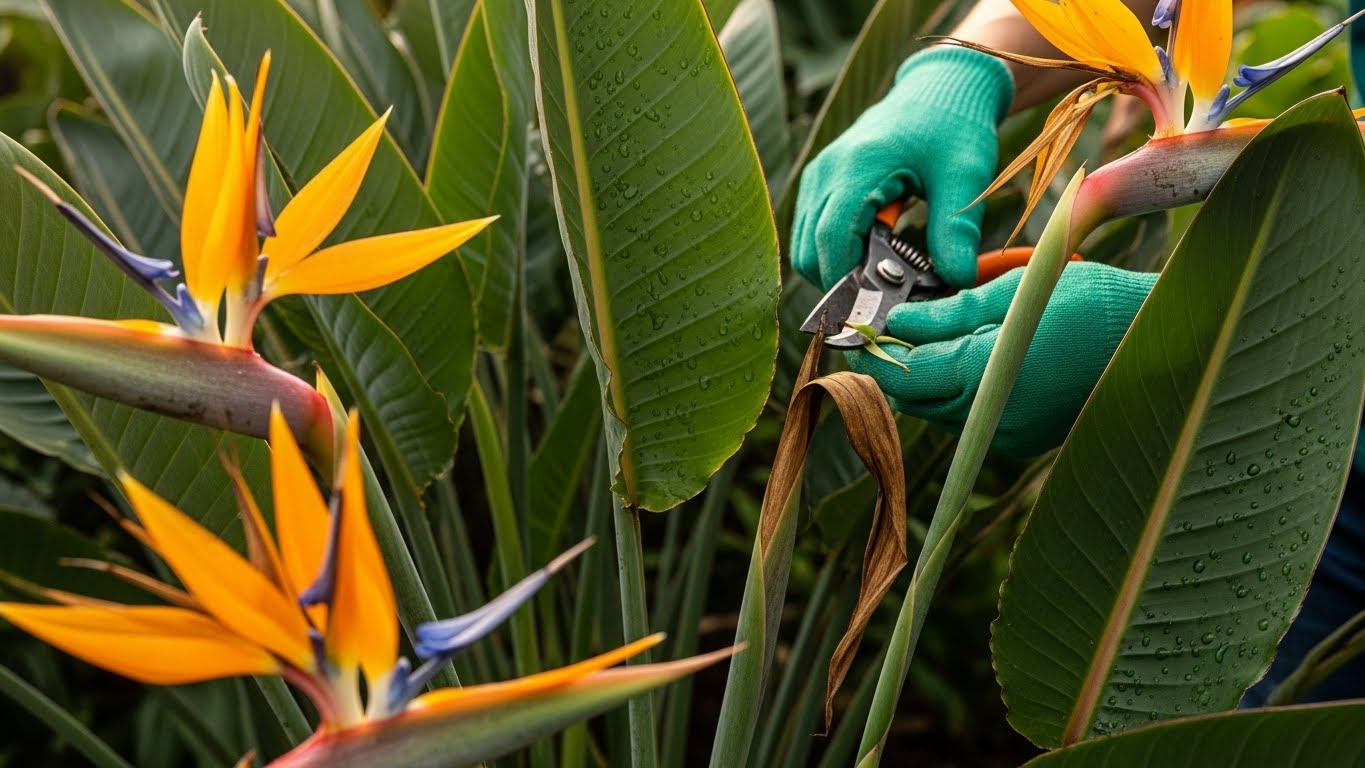 Gardener pruning Bird of Paradise plant with shears