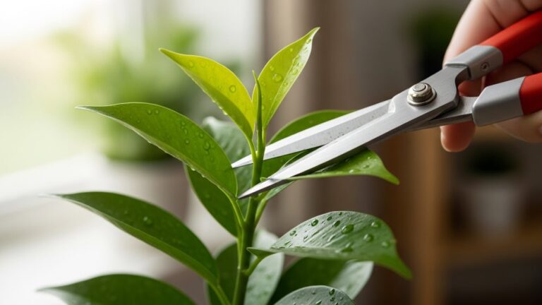 Hand using pruning shears to trim indoor plant leaves for better growth.