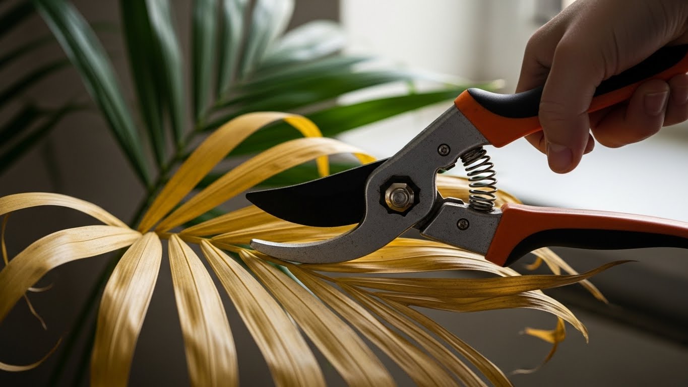 Pruning shears trimming brown Kentia palm leaf