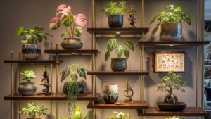 Indoor plants on shelves with vintage microscopes illustrating quarantine protocols