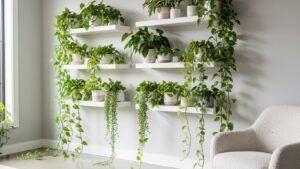 Lush green vines cascading from white shelves in a minimalist room.