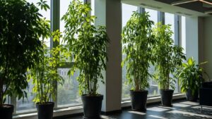 Lush green plants thriving in bright room with large windows