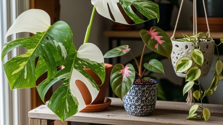 Variegated monsteras and philodendron in a peaceful indoor setting