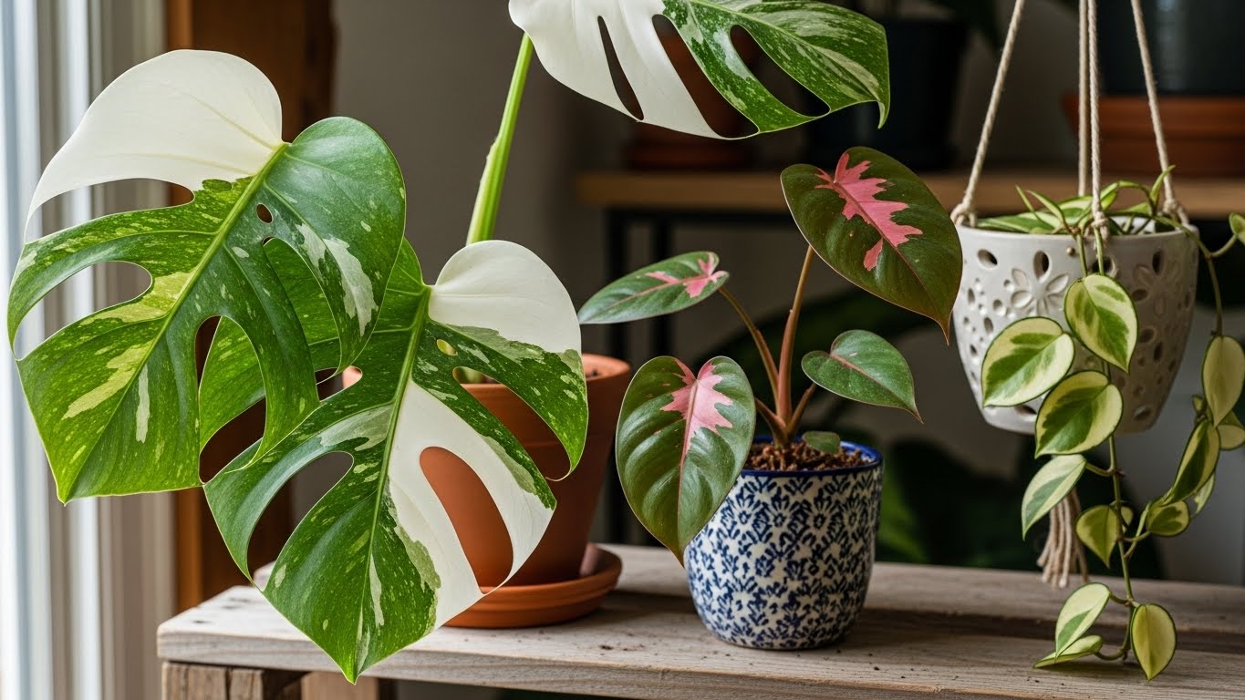 Variegated monsteras and philodendron in a peaceful indoor setting