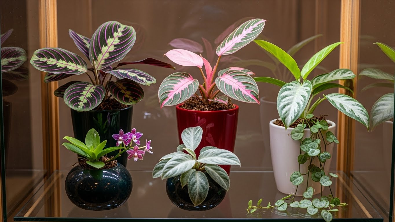 Collection of rare indoor plants in decorative pots on a shelf, showcasing diverse shapes and colors.