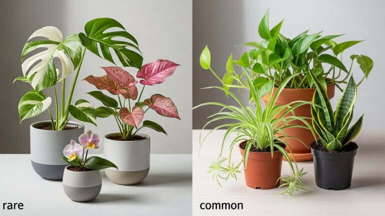 Comparison of rare and common houseplants in decorative pots.