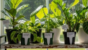 Indoor plants with labels indicating light and care needs near a sunlit window