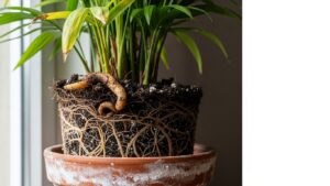 Close-up of rooted Kentia palm showing potential root rot symptoms