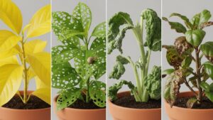 Four potted plants showing signs of distress, indicating need for repotting