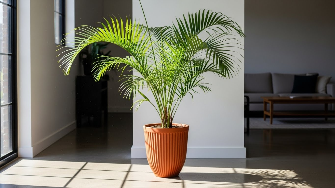 Healthy areca palm in a terracotta pot placed in a sunlit room corner