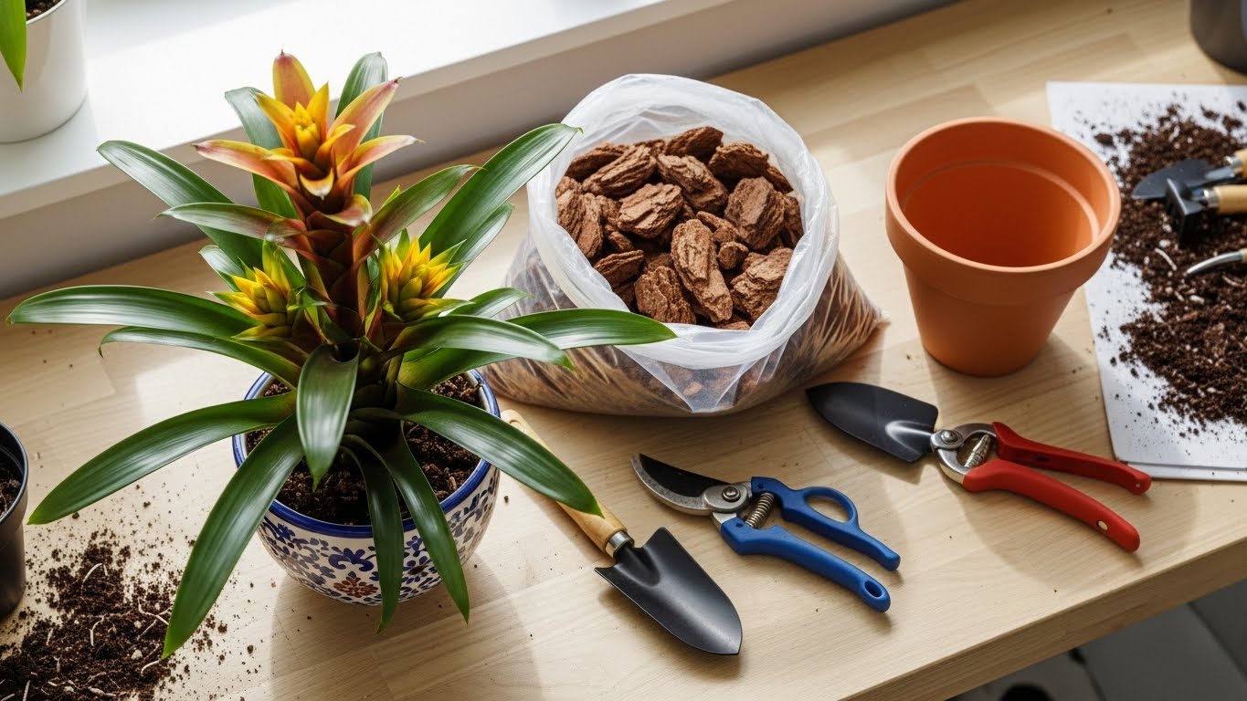 Bromeliad plant with potting tools and bark mulch for repotting