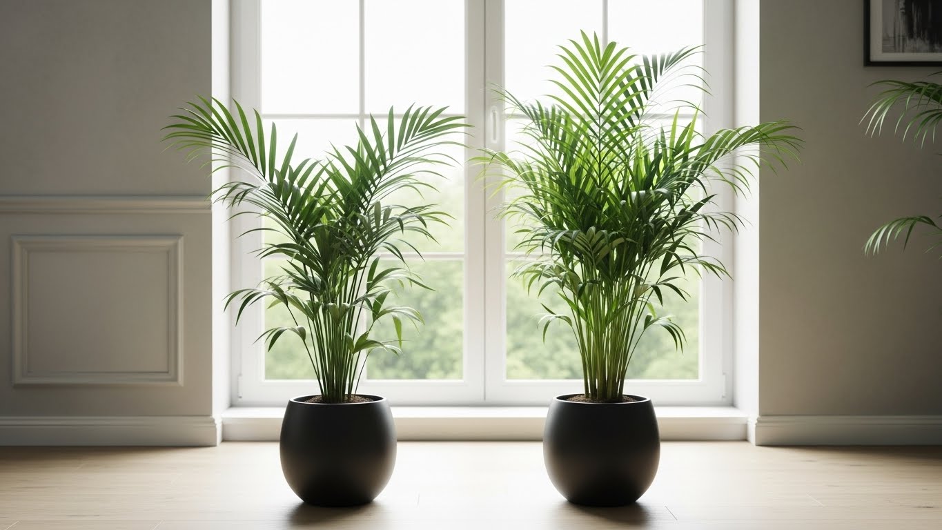 Two lush potted parlor palms next to a bright window
