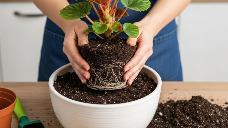 Hands repotting a Begonia plant into a white pot with fresh soil.