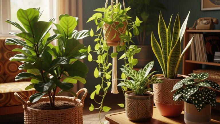 Retro indoor plants like fiddle leaf fig and pothos in vintage decor