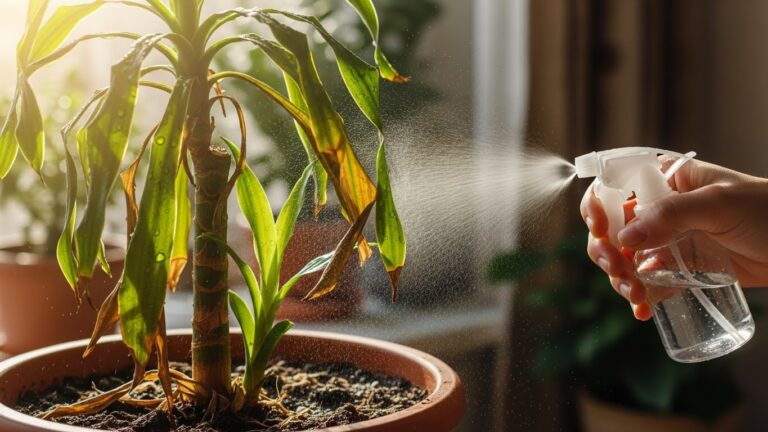 A hand spraying water on a wilted dracaena plant to revive it.