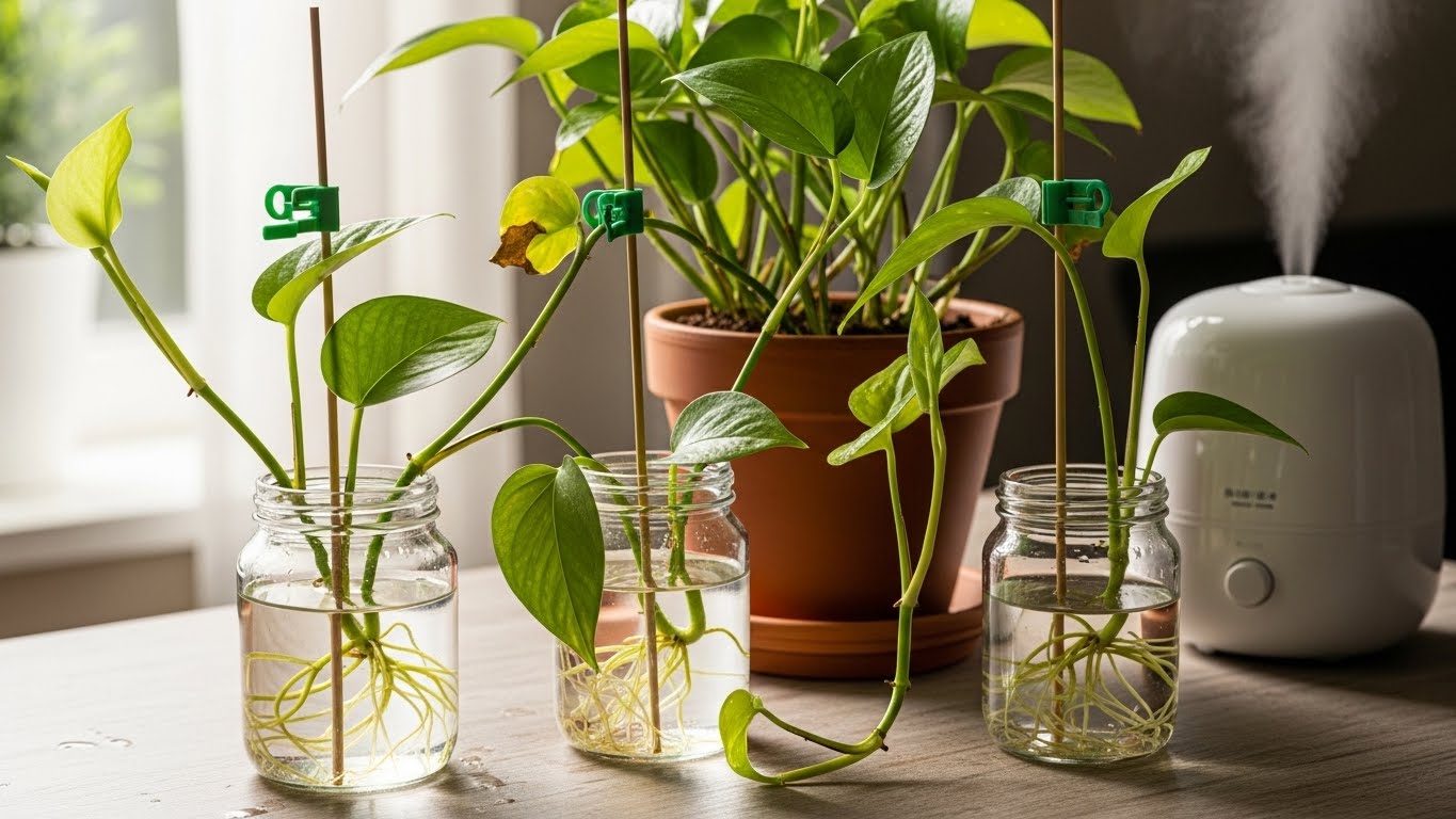 Reviving pothos plant cuttings in water jars near a humidifier