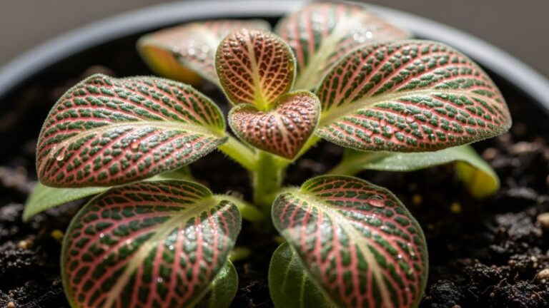 Close-up of a healthy Fittonia plant, showcasing vibrant green and pink leaves.