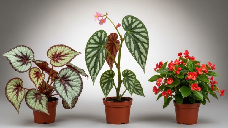Different types of begonias: Rex, Cane, and Wax Begonias in pots.