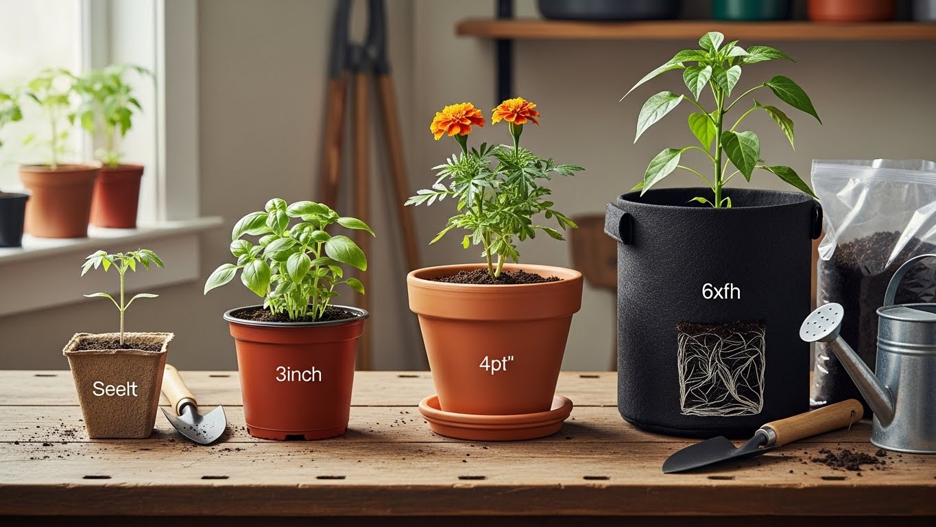 Various starter plant pots in different sizes on a wooden table