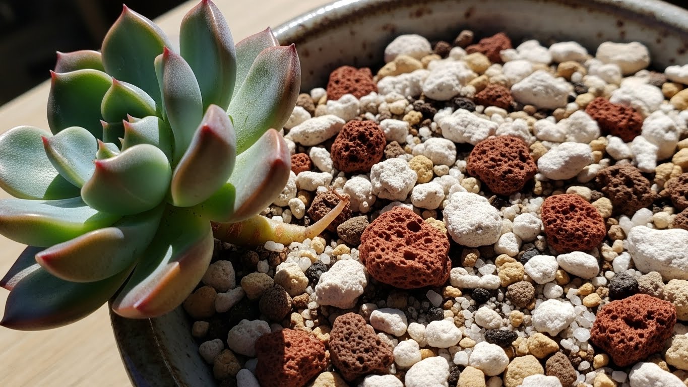 Healthy succulent in a well-draining potting mix with lava rocks and gravel