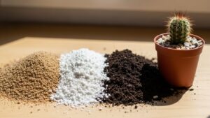 Different soil mixes for mini cacti with a potted cactus plant.