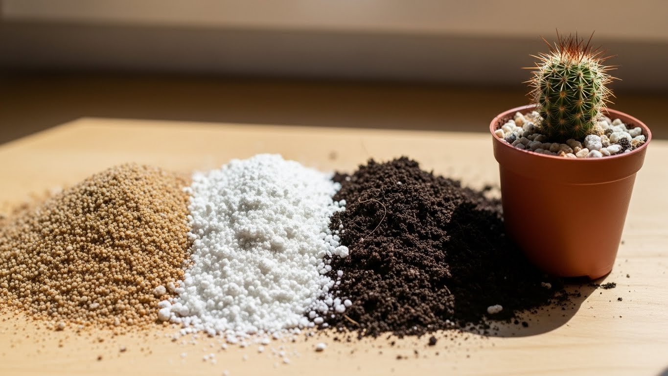 Different soil mixes for mini cacti with a potted cactus plant.