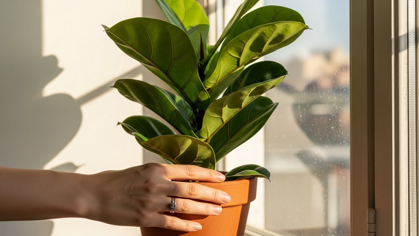 Hand rotating a houseplant by a sunny window for optimal light.